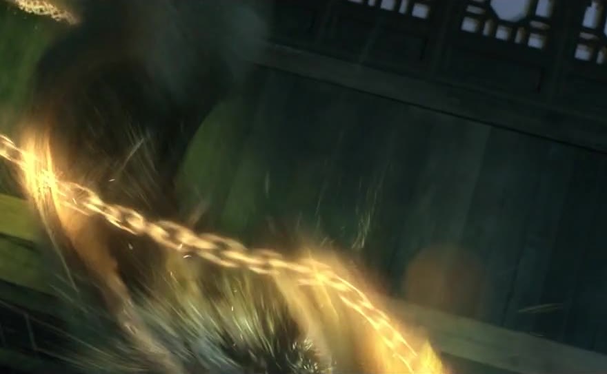 A chain of light cutting through a wooden hall.