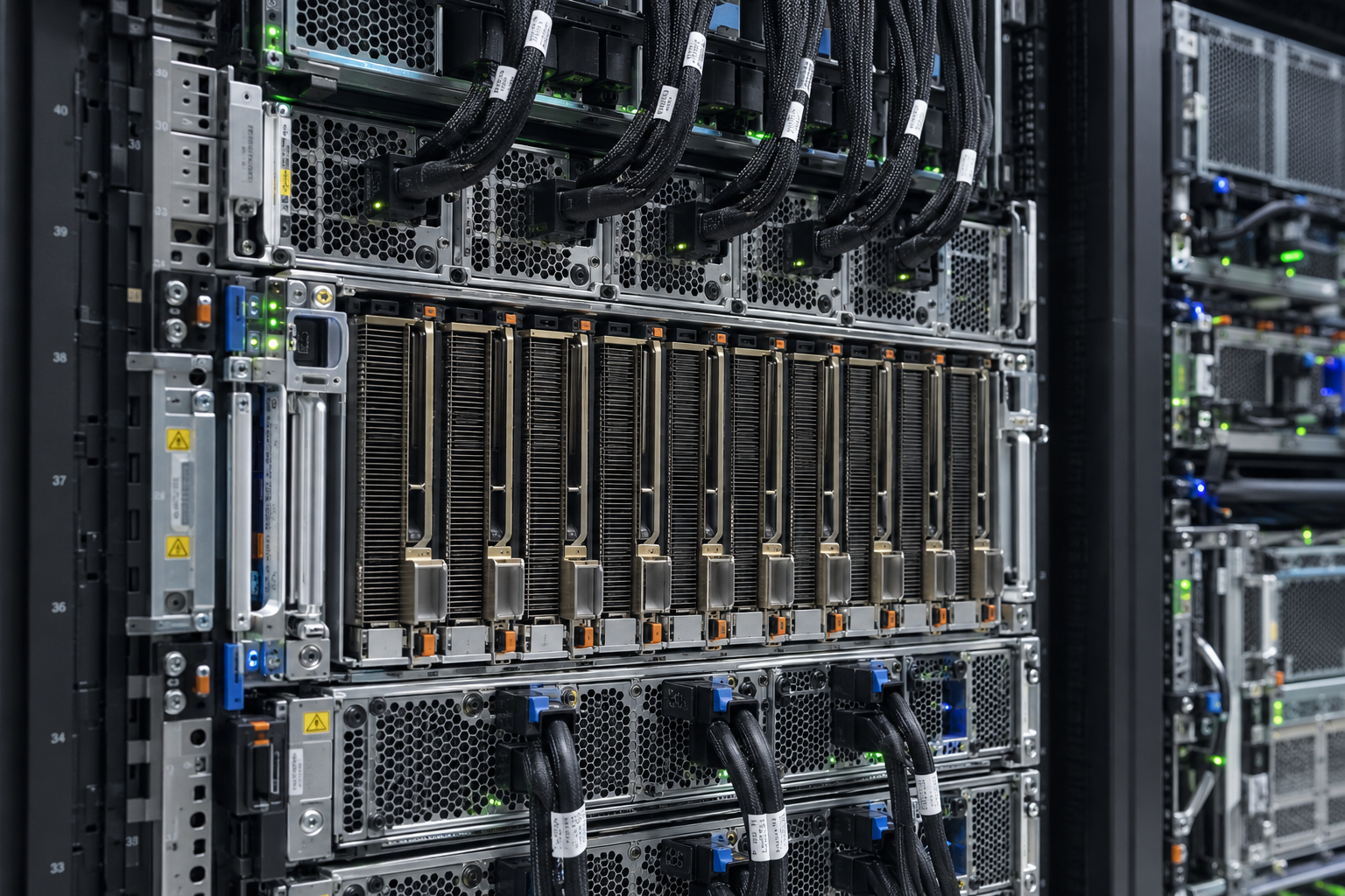 A photograph of the real machine room — the aisle, the racks, the light that is actually there.