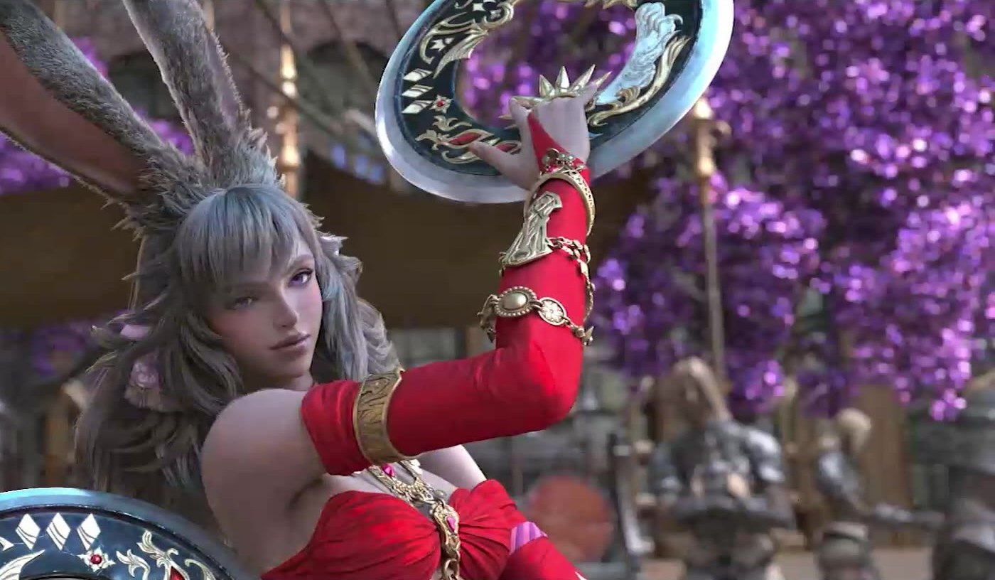 A figure in red and gold, weapon raised.