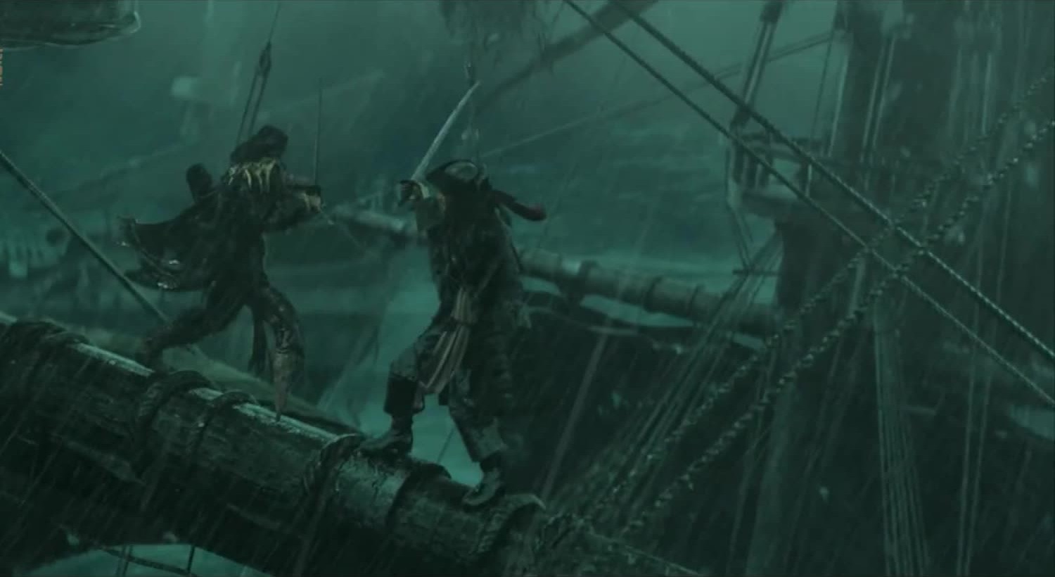 Two figures duel on a spar in the rain.